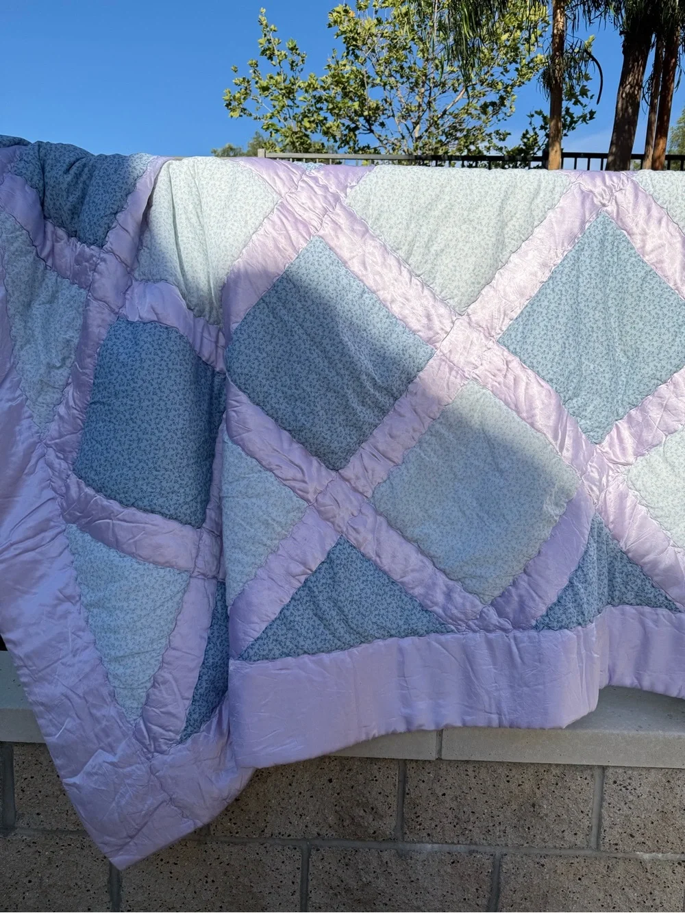 Vintage Lavender & Light Blue Handmade Patchwork Cotton/Silk Queen Size Quilt